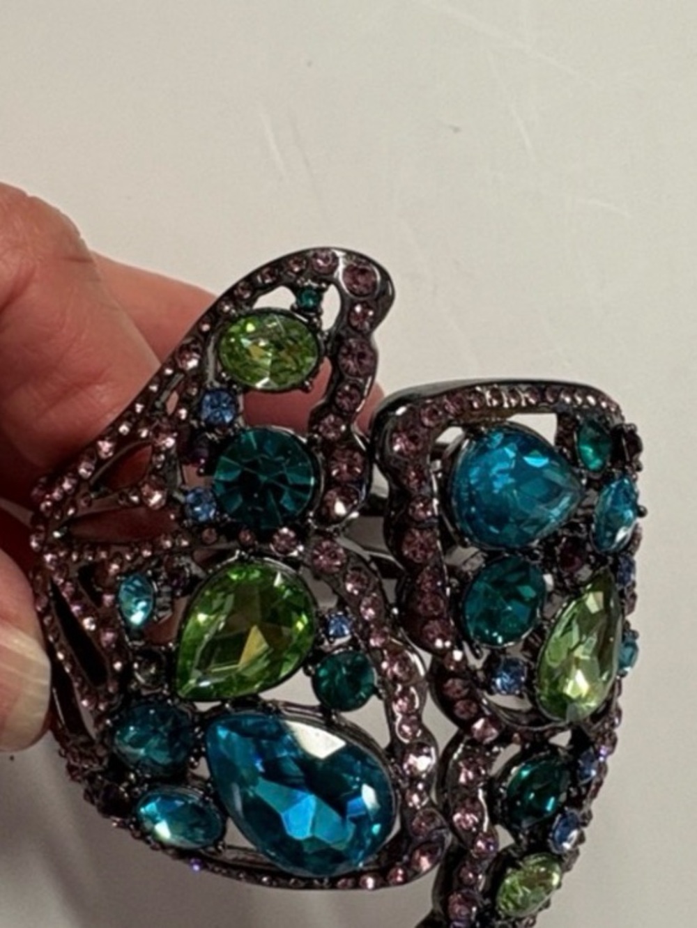 Betsy Johnson Blue Green Rhinestone Statement Cuff Bracelet Peacock Glam